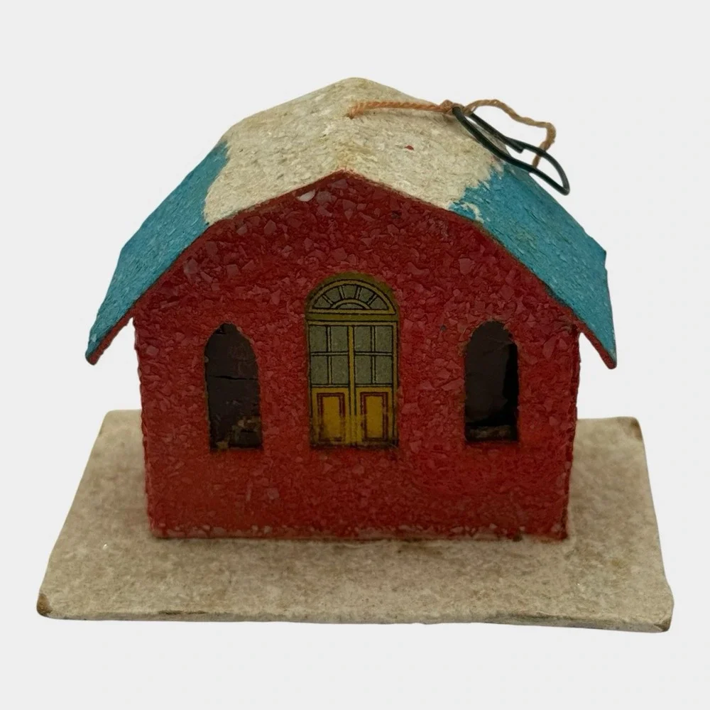 Miniature Putz House Mica Christmas Ornament Red Blue 1950s Japan Vintage